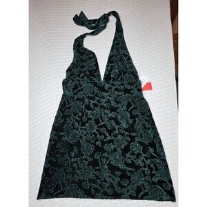 NWT Cider Size Large Dark Green Velvet Halter Mini Dress Floral Holiday Party